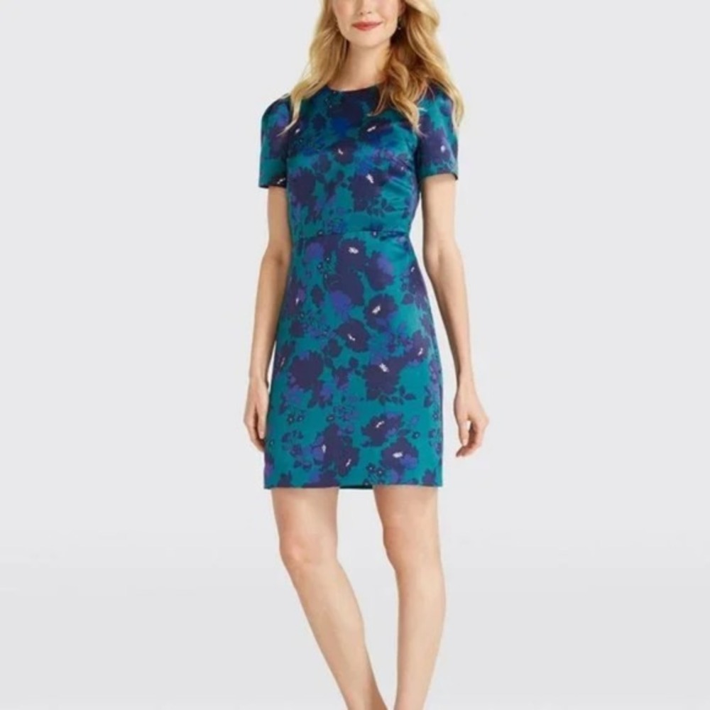 Draper‎ James Floral Satin Sheath Dress Short Puff Sleeve Teal Navy Blue Size 2
